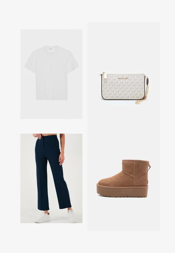 Weißes Baumwoll-T-Shirt mit kurzen Ärmeln, Rundhalsausschnitt und lässiger Passform. Glatte Textur und keine sichtbaren Muster oder Akzente.; Marineblaue weit geschnittene Hose aus glattem Material, mit einem Knopfverschluss auf der Vorderseite und zwei seitlichen Taschen, kombiniert mit weißen Sneakern.; Beige Wildleder-Ankle-Boot mit Plateausohle, abgerundetem Zehenbereich und abgesteppten Akzenten; verfügt über eine Zuglasche hinten für einfaches An- und Ausziehen.; Michael Kors Clutch in beige beschichtetem Canvas mit einem wiederholten MK-Logo-Muster, goldfarbener hardware und einem abnehmbaren Kettenriemen.
