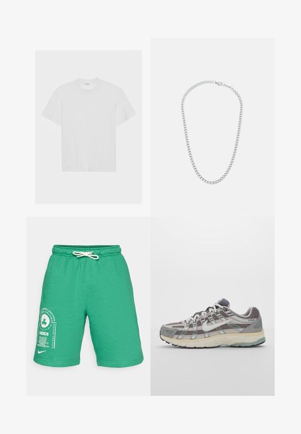 Valge puuvillane t-särk lühikeste varrukatega, ümar kaelus ja relaxed fit. Sile tekstuur ning nähtavaid mustreid või akente pole.; Roheline puuvillaseguse kangaga lühikesed püksid elastse vööga ja paelaotsaga. Vasakul jalal on valge Boston Celticsi graafika.; Hallus hallitus jalanõud, millel on võrgust ja sametist ülemine osa, valged rõhutused, pehme tald ning eristuv disain peegelduvate elementidega.; Hõbedane metallist kettkaelakee, millel on omavahel seotud lingid ja kindel tõmblukk, sile tekstuur, ühtlane viimistlus ja klassikaline disain.