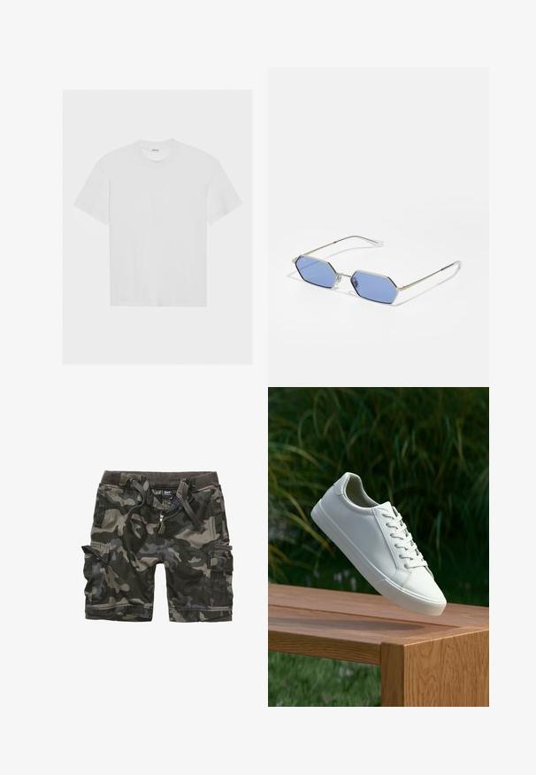 Bela pamukasta majica kratkih rukava, okruglog izreza i ležernog kroja. Glatka tekstura bez vidljivih uzoraka ili naglasaka.; Šorc s cargo džepovima u maskirnom uzorku tamno zelene i sive boje. Ima više džepova, patentni zatvarač i elastični pojas s vezicama. Izrađen od izdržljivog materijala.; Bijele tenisice s vezicama lebde iznad drvenih klupa uz pozadinu zelenog lišća, prikazujući dizajn i teksturu obuće.; Heksagonalne sunčane naočale s plavim lećama i tankim srebrnim metalnim okvirom. Imaju tanke ručke i prozračne nosne jastučiće za udobnost.