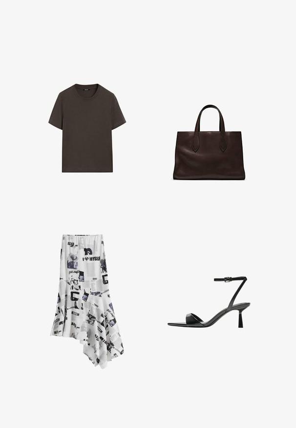 Czarnobrązowa, krótki rękaw, bawełniana koszulka. Posiada okrągły dekolt i luźny krój, bez widocznych wzorów lub akcentów.; Biała asymetryczna spódnica z nadrukiem w czarny tekst i obrazki, wykonana z lekkiego materiału. Krawędzie delikatnie obszyte.; Bershka - Sandały na obcasie; Brązowa skórzana torba tote z dwoma wydłużonymi uchwytami, usztywnionym prostokątnym kształtem, gładką teksturą i subtelnymi detalami przeszycia.