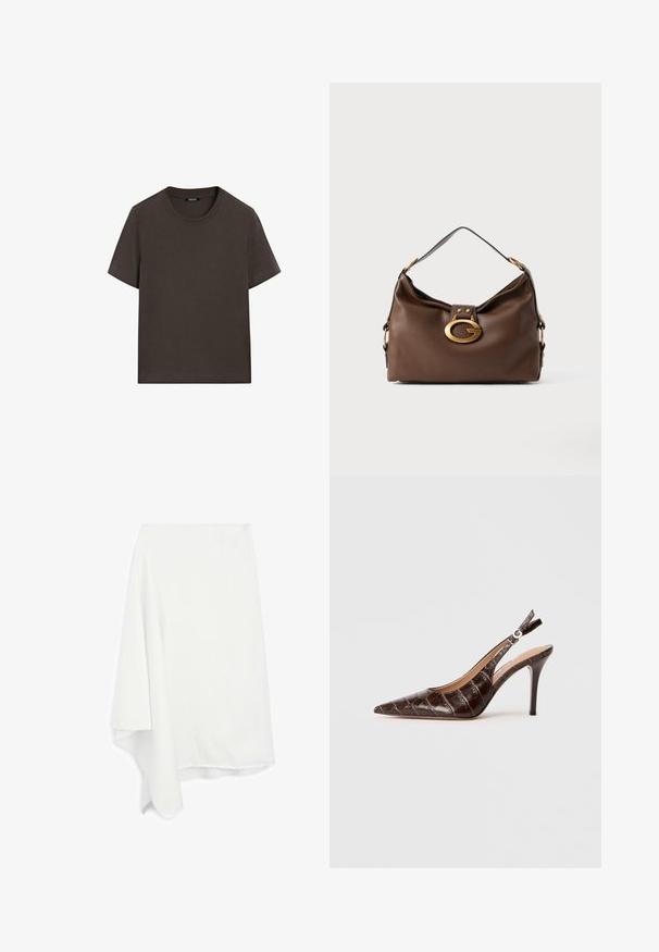 T-shirt corto marrone scuro in cotone. Presenta un collo tondo e una vestibilità comoda, senza motivi o accenti visibili.; Gonna bianca asimmetrica realizzata in tessuto morbido e leggero; dettaglio orlo sfrangiato; texture liscia; scende con eleganza su un lato.; Slingback pump in pelle marrone con effetto coccodrillo, punta appuntita, lati aperti e tacco alto sottile. Progettato con regolazione a fibbia.; Borsa a mano in pelle marrone con una finitura testurizzata, dotata di un gancio in metallo dorato e di una singola tracolla curva.