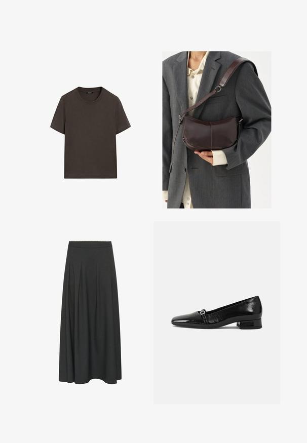 T-shirt à manches courtes marron foncé en coton. Il possède un col rond et une coupe décontractée, sans motifs ni accents visibles.; Jupe longue gris foncé en A avec une taille ajustée et des plis subtils s'étendant de la taille à l'ourlet.; Ballet flats en cuir verni noir avec un bout pointu, un petit talon carré et un détail de boucle métallique sur la sangle. Texture lisse.; Sac à épaule en cuir marron avec un design incurvé, doté d'une bandoulière amovible, d'une texture lisse et de détails de couture visibles.