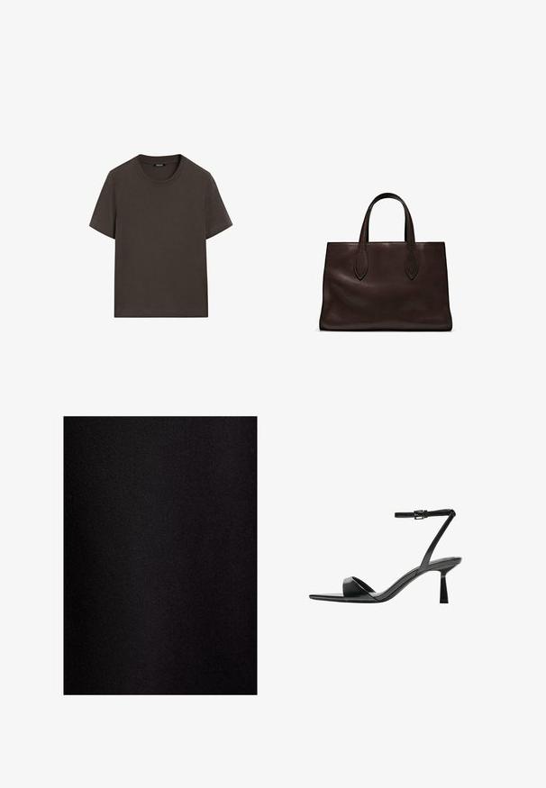Mørkebrun kortærmet t-shirt lavet af bomuld. Har en rund halsudskæring og en afslappet pasform, uden synlige mønstre eller detaljer.; Touché Privé Maxinederdele - black; Bershka Højhælede sandaletter / Højhælede sandaler - black; Brun læder tote bag med to forlængede håndtag, struktureret rektangulær form, glat overflade og subtile syninger.