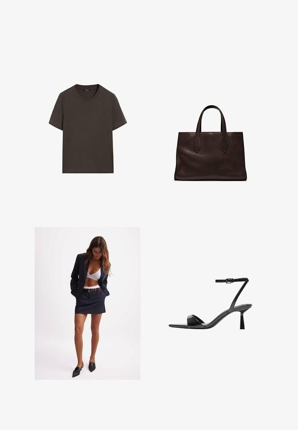 Dunkelbraunes T-Shirt mit kurzen Ärmeln aus Baumwolle. Verfügt über einen runden Halsausschnitt und eine lockere Passform, ohne sichtbare Muster oder Akzente.; Marineblazer- und Rockset, taillierte Passform, mit einem passenden Gürtel. Weißer BH darunter. Schwarze spitze Ballerinas vervollständigen den Look. Glatte Stofftextur.; Bershka High Heel Sandalette - black; Braune Ledertasche mit zwei langen Griffen, strukturierte rechteckige Form, glatte Textur und dezente Nähdetails.