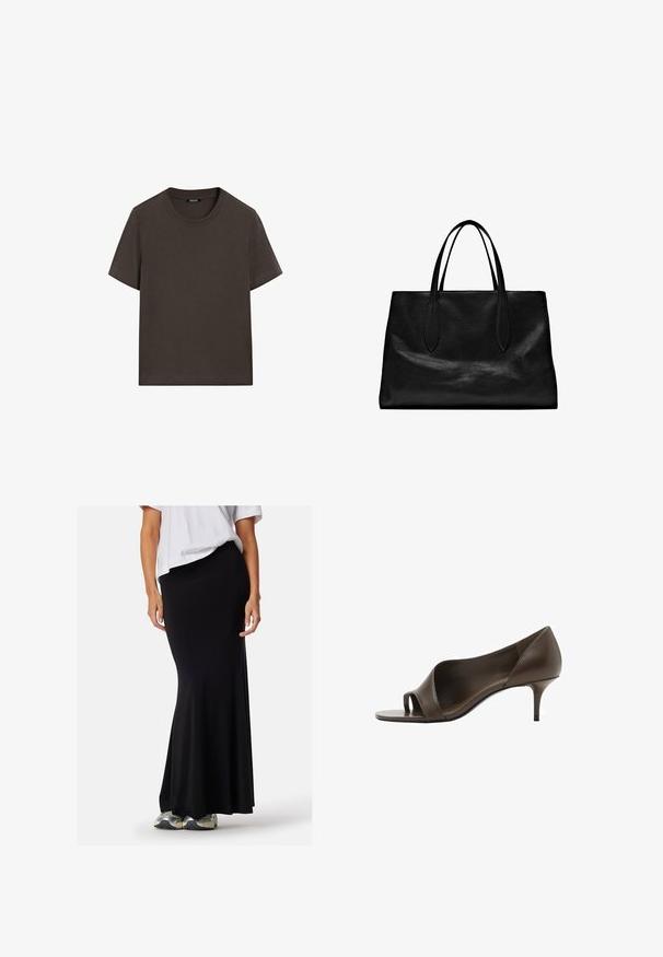 Donkerbruin T-shirt met korte mouwen, gemaakt van katoen. Heeft een ronde halslijn en een ontspannen pasvorm, zonder zichtbare patronen of accenten.; Zwarte stretchy maxirok, strakker bij de taille, uitlopend aan de onderkant. Gecombineerd met een losse witte top en grijze sportschoenen.; Bruine leren open-toe hoge hak met een gladde textuur en een slanke stilettohak. Kenmerkt zich door een uitsnijding en een minimalistisch ontwerp.; Zwarte leren totebag met twee lange handvatten, een gestructureerde vorm, een gladde textuur en een minimalistisch ontwerp. Geen zichtbare hardware of accenten.