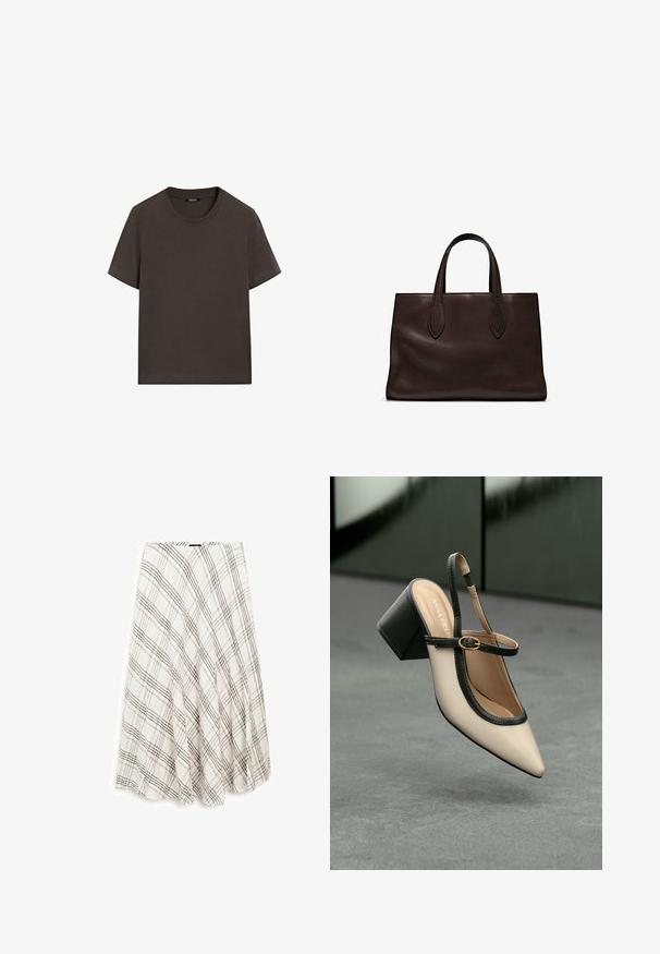 T-shirt à manches courtes marron foncé en coton. Il possède un col rond et une coupe décontractée, sans motifs ni accents visibles.; Jupe à carreaux de couleur beige claire et marron, avec un design évasé et texturé. Le matériau est léger et tissé, avec une taille élastique.; Escarpin beige à bout pointu et bride arrière, avec des finitions noires, une boucle dorée et un talon bloc épais, posé sur un sol gris avec un fond vert foncé.; Sac tote en cuir marron avec deux poignées allongées, forme rectangulaire structurée, texture lisse et détails de couture subtils.
