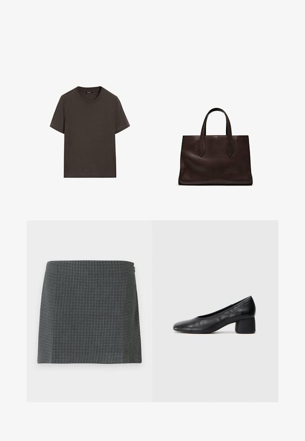 Donkerbruin T-shirt met korte mouwen, gemaakt van katoen. Heeft een ronde halslijn en een ontspannen pasvorm, zonder zichtbare patronen of accenten.; Zwart-wit geblokte rok gemaakt van stof met een gladde textuur. Heeft een rechte silhouette en een ritssluiting aan de zijkant.; Zwarte leren pump met een ronde neus en een middenblokhak. Glad textuur met minimale details, voorzien van een subtiele elastische opening.; Bruine leren tote bag met twee verlengde handvatten, gestructureerde rechthoekige vorm, gladde textuur en subtiele stiksels.