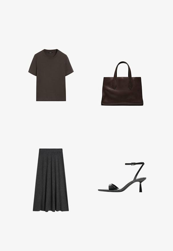 Dunkelbraunes T-Shirt mit kurzen Ärmeln aus Baumwolle. Verfügt über einen runden Halsausschnitt und eine lockere Passform, ohne sichtbare Muster oder Akzente.; Ausgestellte, knielange Rock aus einem dunkelgrauen Wollgemisch, mit glatter Textur und einem elastischen Bund für Komfort und Tragefreundlichkeit.; Bershka High Heel Sandalette - black; Braune Ledertasche mit zwei langen Griffen, strukturierte rechteckige Form, glatte Textur und dezente Nähdetails.