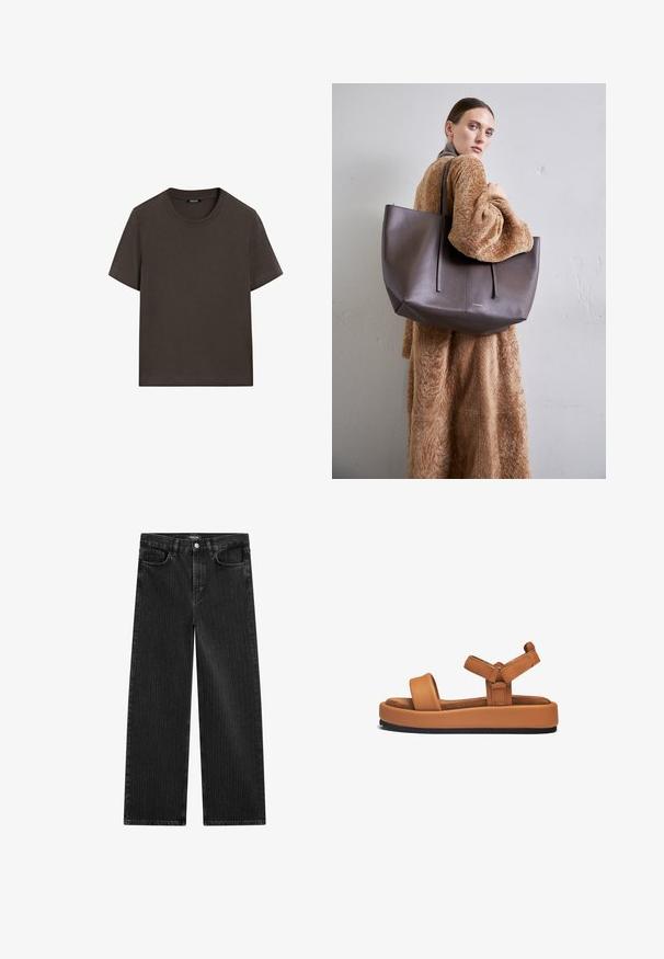 Donkerbruin T-shirt met korte mouwen, gemaakt van katoen. Heeft een ronde halslijn en een ontspannen pasvorm, zonder zichtbare patronen of accenten.; Wijd gesneden zwarte denim jeans met een subtiel verticaal streepmotief, voorzien van een vijfzakkenontwerp en een klassieke knoopsluiting bij de taille.; Bruine leren platform sandalen met brede banden, verstelbare sluitingen, een zachte inlegzool en een gestructureerde zwarte rubberen zool.; Grote, gestructureerde donkerbruine tote bag met twee lange hengsels. Tas heeft een minimalistisch ontwerp en een dubbel stiksel voor extra detail.