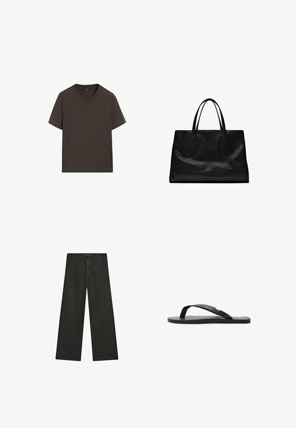 Dark brown short-sleeve t-shirt made of cotton. Features a round neckline and a relaxed fit, with no visible patterns or accents.; Wide-leg black denim pants featuring a mid-rise waist, two front pockets, and a clean, minimalist design with no visible embellishments.; Black flip-flop sandal with a flat sole, textured black insole, smooth straps, and a small gold accent near the toe post.; Black leather tote bag with two elongated handles, a structured shape, smooth texture, and minimalistic design. No visible hardware or accents.