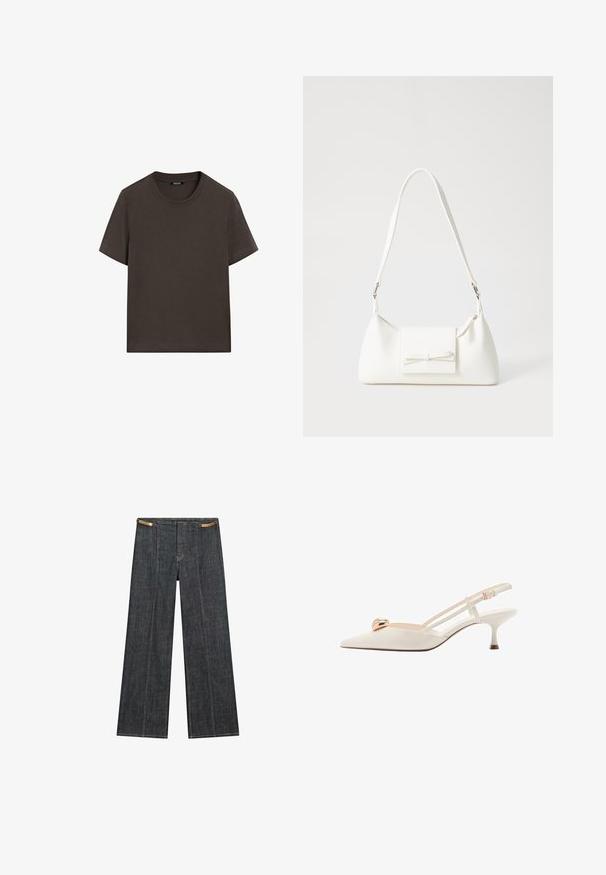 Dark brown short-sleeve t-shirt made of cotton. Features a round neckline and a relaxed fit, with no visible patterns or accents.; Dark wash denim wide-leg trousers with a high waist. Features visible stitching, a button closure, and a unique chain accent at the waist.; Cream-colored slingback shoe with a pointed toe, thin straps, and a gold accent on the vamp. Features a low, narrow heel.; White synthetic handbag with a triangular shape, flat front flap and bow detail, adjustable strap, smooth texture, and minimalistic design.