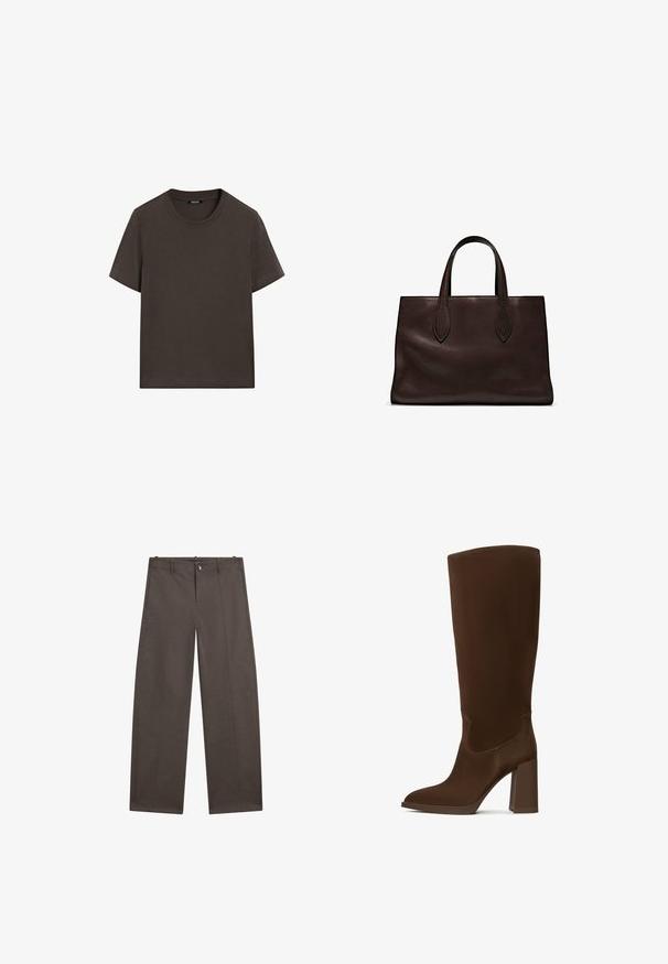 Mørkebrun kortærmet t-shirt lavet af bomuld. Har en rund halsudskæring og en afslappet pasform, uden synlige mønstre eller detaljer.; Bredde bukser i mørkebrun stof. Har knaplukning, to frontlommer og en glat tekstur med rene sømme.; Brune knæhøje støvler lavet af glat materiale, med spids tå og firkantet hæl. Syningsdetaljer forbedrer det elegante design.; Brun læder tote bag med to forlængede håndtag, struktureret rektangulær form, glat overflade og subtile syninger.