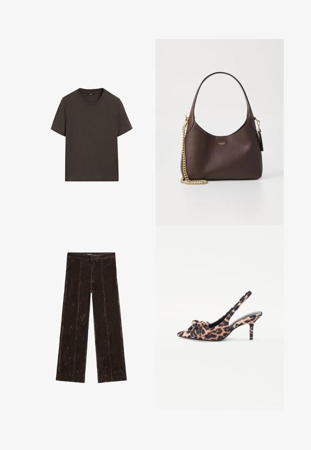Dunkelbraunes T-Shirt mit kurzen Ärmeln aus Baumwolle. Verfügt über einen runden Halsausschnitt und eine lockere Passform, ohne sichtbare Muster oder Akzente.; Bequeme weit geschnittene Hosen in Dunkelbraun, mit einer samtartigen Textur, vertikalen Nähdetails und einem elastischen Taillenbund.; Leopardenmuster Slingback-Absätze mit spitzer Zehenpartie, einer Schleifenapplikation vorne und einem schlanken hohen Absatz, gefertigt aus einem weichen Textilmaterial.; COACH BROOKLYN SHOULDER BAG 23 - Handtasche - maple