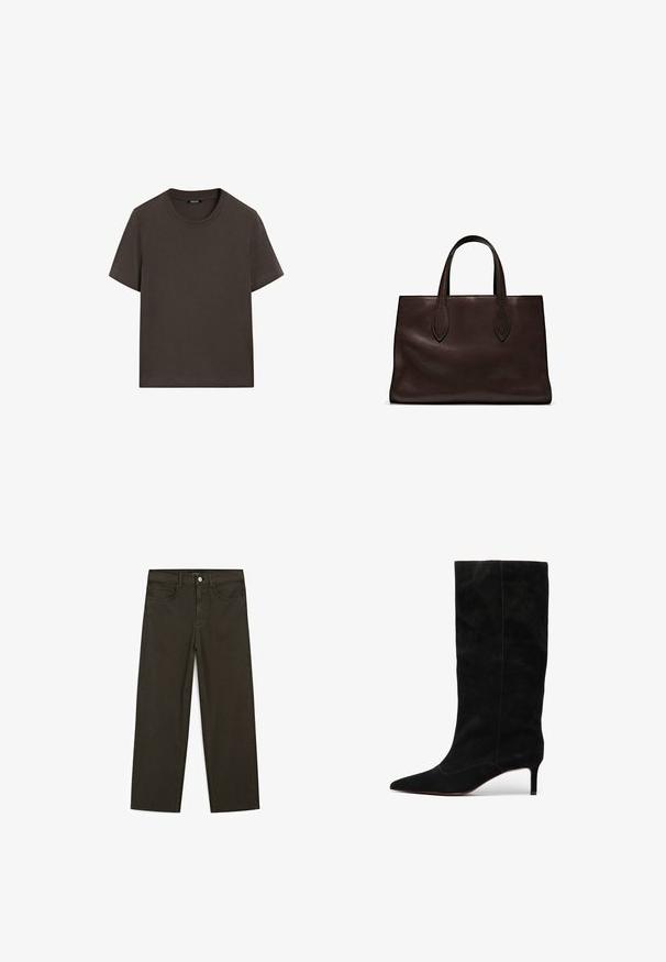 Dark brown short-sleeve t-shirt made of cotton. Features a round neckline and a relaxed fit, with no visible patterns or accents.; Dark green wide-leg jeans made of cotton blend, featuring a front button closure, five pockets, and classic denim stitching.; Black suede knee-high boot with a pointed toe and slim, stiletto heel. Features minimal seams and a smooth texture throughout.; Brown leather tote bag with two elongated handles, structured rectangular shape, smooth texture, and subtle stitching details.