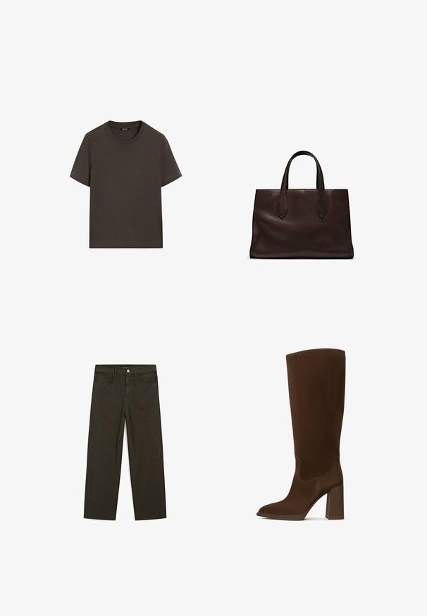 Mørkebrun kortærmet t-shirt lavet af bomuld. Har en rund halsudskæring og en afslappet pasform, uden synlige mønstre eller detaljer.; Mørkegrønne brede jeans lavet af en bomuldsblanding, med en frontlukning med knap, fem lommer og klassisk denim-syning.; Brune knæhøje støvler lavet af glat materiale, med spids tå og firkantet hæl. Syningsdetaljer forbedrer det elegante design.; Brun læder tote bag med to forlængede håndtag, struktureret rektangulær form, glat overflade og subtile syninger.