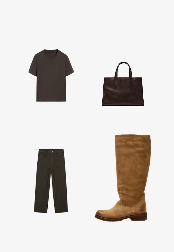 Donkerbruin T-shirt met korte mouwen, gemaakt van katoen. Heeft een ronde halslijn en een ontspannen pasvorm, zonder zichtbare patronen of accenten.; Donkergroene wijde jeans van een katoenmix, met een sluiting met een voorste knop, vijf zakken en klassieke denimstiksels.; Bruine suède kniehoge laars met een ronde neus en een lage blokhak. Gladde afwerking, minimale stiksels en een logodetail bij de hak.; Bruine leren tote bag met twee verlengde handvatten, gestructureerde rechthoekige vorm, gladde textuur en subtiele stiksels.