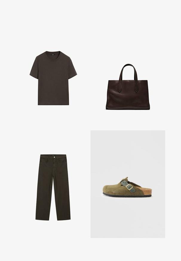 Mørkebrun kortærmet t-shirt lavet af bomuld. Har en rund halsudskæring og en afslappet pasform, uden synlige mønstre eller detaljer.; Mørkegrønne brede jeans lavet af en bomuldsblanding, med en frontlukning med knap, fem lommer og klassisk denim-syning.; Oliven grøn ruskinds slip-on clog med en kork sål. Har en spænde-rem og en rund tå, samt en tekstureret gummisål.; Brun læder tote bag med to forlængede håndtag, struktureret rektangulær form, glat overflade og subtile syninger.