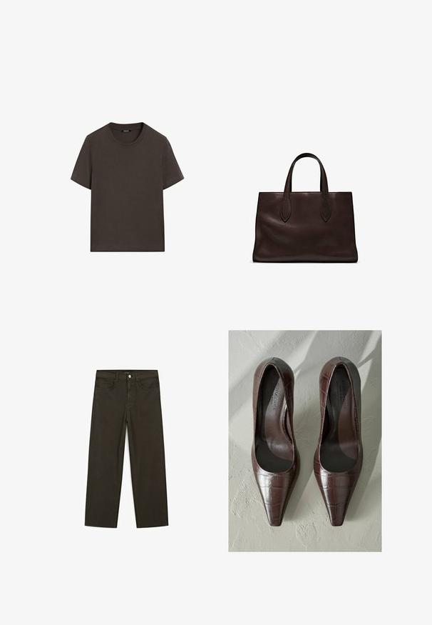Mørkebrun kortærmet t-shirt lavet af bomuld. Har en rund halsudskæring og en afslappet pasform, uden synlige mønstre eller detaljer.; Mørkegrønne brede jeans lavet af en bomuldsblanding, med en frontlukning med knap, fem lommer og klassisk denim-syning.; Brune patenterede læderhøjhælede sko med spids tå, med krokodillestruktur og glat inderside. Designet til et slankt udseende.; Brun læder tote bag med to forlængede håndtag, struktureret rektangulær form, glat overflade og subtile syninger.