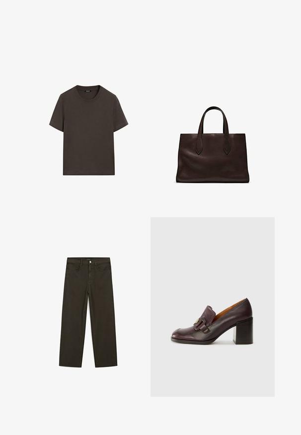 Dark brown short-sleeve t-shirt made of cotton. Features a round neckline and a relaxed fit, with no visible patterns or accents.; Dark green wide-leg jeans made of cotton blend, featuring a front button closure, five pockets, and classic denim stitching.; Chie Mihara NOWA - Classic heels - kimera grape; Brown leather tote bag with two elongated handles, structured rectangular shape, smooth texture, and subtle stitching details.