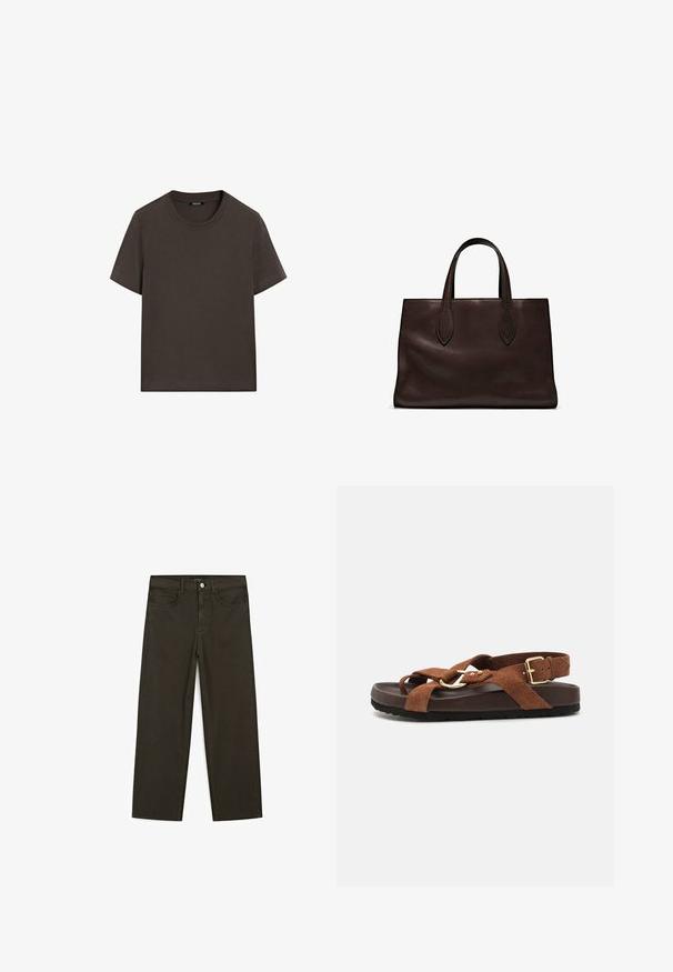 Dark brown short-sleeve t-shirt made of cotton. Features a round neckline and a relaxed fit, with no visible patterns or accents.; Dark green wide-leg jeans made of cotton blend, featuring a front button closure, five pockets, and classic denim stitching.; Sœur MEXICO - Sandals - rouille; Brown leather tote bag with two elongated handles, structured rectangular shape, smooth texture, and subtle stitching details.