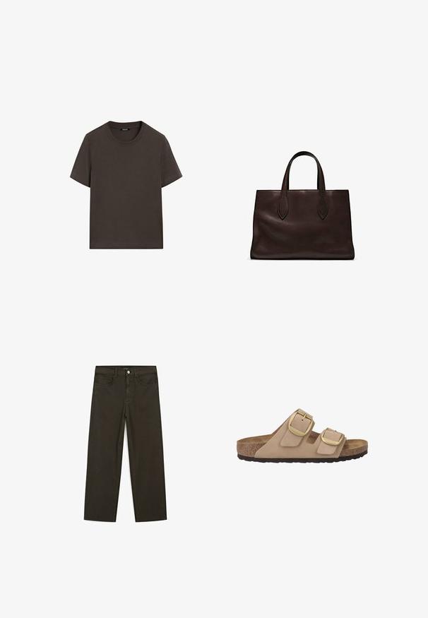 T-shirt corto marrone scuro in cotone. Presenta un collo tondo e una vestibilità comoda, senza motivi o accenti visibili.; Jeans a gamba larga di colore verde scuro, realizzati in tessuto misto cotone, dotati di chiusura con bottone frontale, cinque tasche e cuciture classiche in denim.; Sandalo beige a due strap con tomaia in morbida suede, fibbie in metallo dorato, soletta in sughero e suola in gomma testurizzata.; Borsa a spalla in pelle marrone con due manici lunghi, forma rettangolare strutturata, texture liscia e dettagli di cucitura sottili.