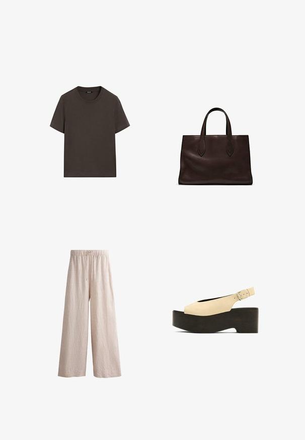 Donkerbruin T-shirt met korte mouwen, gemaakt van katoen. Heeft een ronde halslijn en een ontspannen pasvorm, zonder zichtbare patronen of accenten.; Beige linnen wijde broek met een elastische tailleband en trekkoord. Heeft een getextureerde afwerking en een full-length ontwerp.; Beige suède platform sandalen met een open teen, slingback-ontwerp en een donkerhouten basis, voorzien van een metaalgesp voor aanpassing.; Bruine leren tote bag met twee verlengde handvatten, gestructureerde rechthoekige vorm, gladde textuur en subtiele stiksels.