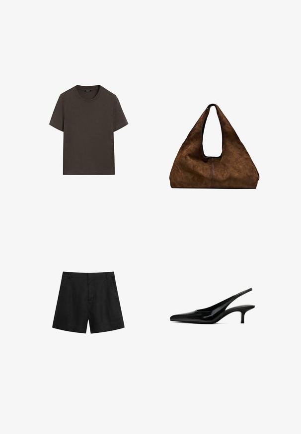 Mørkebrun kortærmet t-shirt lavet af bomuld. Har en rund halsudskæring og en afslappet pasform, uden synlige mønstre eller detaljer.; Sorte linnedershorts med en tætsiddende talje, sidelommer og skræddersyet design. Har en glat overflade og flad front uden synlige dekorative elementer.; Sorte spidse slingback sko med en blank læderfinish og en tynd, lav hæl. Har et udskæringsdesign på siden for åndbarhed.; Brun ruskind skuldertaske med åben top. Har en dyb, bred form, udskåret håndtag og minimal syning for et rent design.