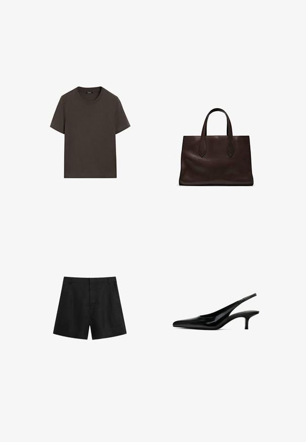 Mørkebrun kortærmet t-shirt lavet af bomuld. Har en rund halsudskæring og en afslappet pasform, uden synlige mønstre eller detaljer.; Sorte linnedershorts med en tætsiddende talje, sidelommer og skræddersyet design. Har en glat overflade og flad front uden synlige dekorative elementer.; Sorte spidse slingback sko med en blank læderfinish og en tynd, lav hæl. Har et udskæringsdesign på siden for åndbarhed.; Brun læder tote bag med to forlængede håndtag, struktureret rektangulær form, glat overflade og subtile syninger.