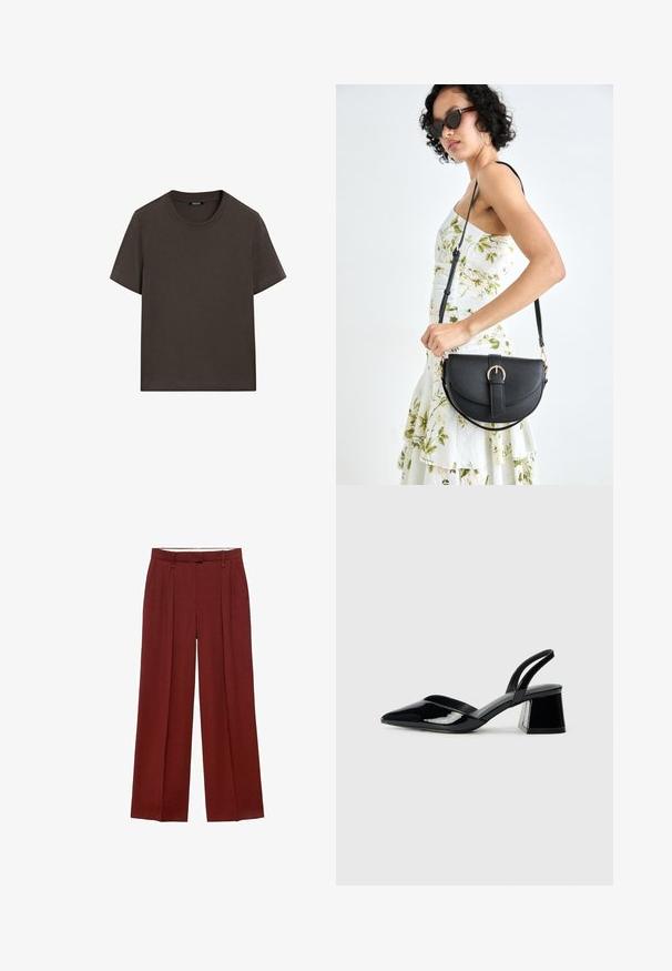 Czarnobrązowa, krótki rękaw, bawełniana koszulka. Posiada okrągły dekolt i luźny krój, bez widocznych wzorów lub akcentów.; Spodnie wide-leg w głębokim czerwonym odcieniu, z wysokim stanem, plisami z przodu oraz gładkim, teksturowanym materiałem.; Czarne lakierowane półbuty na obcasie z wydłużonym noskiem i geometrycznym słupkiem. Charakteryzują się eleganckim, minimalistycznym designem oraz gładką fakturą.; Czarna skórzana torebka o zakrzywionym kształcie, z odpinanym paskiem i złotymi akcentami. Torebka posiada klapę z zapięciem w kształcie klamry.