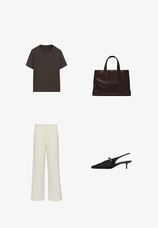Donkerbruin T-shirt met korte mouwen, gemaakt van katoen. Heeft een ronde halslijn en een ontspannen pasvorm, zonder zichtbare patronen of accenten.; Wijd uitlopende pantalons van crèmekleurige stof met subtiele verticale strepen, voorzien van een platte tailleband en ceintuurlussen. Gladde textuur zonder zakken.; Zwarte slingback hakken met puntige neuzen, een gestructureerde mesh bovenkant, slanke verstelbare band met zilveren gesp en 5 cm stiletto hakken.; Bruine leren tote bag met twee verlengde handvatten, gestructureerde rechthoekige vorm, gladde textuur en subtiele stiksels.