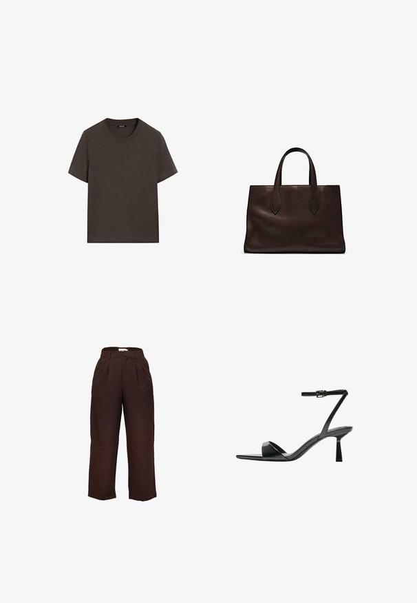 Donkerbruin T-shirt met korte mouwen, gemaakt van katoen. Heeft een ronde halslijn en een ontspannen pasvorm, zonder zichtbare patronen of accenten.; Hoge taille, donkerbruine wijde broek met riemlussen en voorplooien, weergegeven tegen een witte achtergrond.; Bershka Sandalen met hoge hak - black; Bruine leren tote bag met twee verlengde handvatten, gestructureerde rechthoekige vorm, gladde textuur en subtiele stiksels.
