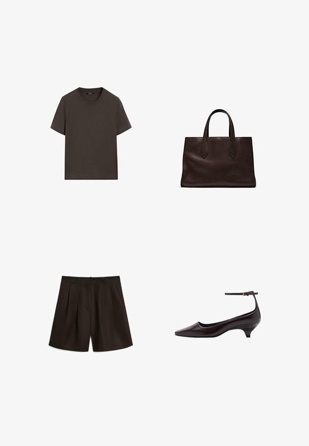 Mørkebrun kortærmet t-shirt lavet af bomuld. Har en rund halsudskæring og en afslappet pasform, uden synlige mønstre eller detaljer.; Massimo Dutti PLEATED BERMUDA - Shorts - dark brown; Mørkebrune spidse læder kitten heel sko med en tynd ankelrem og en lille guldbeslag.; Brun læder tote bag med to forlængede håndtag, struktureret rektangulær form, glat overflade og subtile syninger.