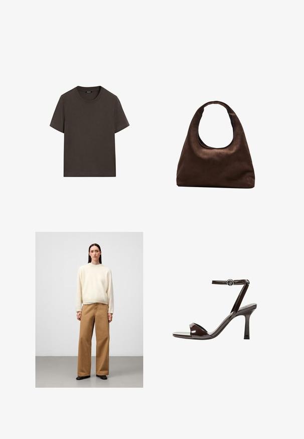 T-shirt à manches courtes marron foncé en coton. Il possède un col rond et une coupe décontractée, sans motifs ni accents visibles.; Pull crème fabriqué dans un matériau moelleux, associé à un pantalon large marron clair. Design simple avec des accents minimaux. Des chaussures noires complètent l'ensemble.; Sandale à talon haut en cuir verni marron avec une bride de cheville, bout ouvert et un design épuré et minimaliste. Présente un talon carré.; Sac à main en toile marron doux de style hobo avec une large sangle unique et une ouverture en haut arrondie, présenté sur un fond blanc.