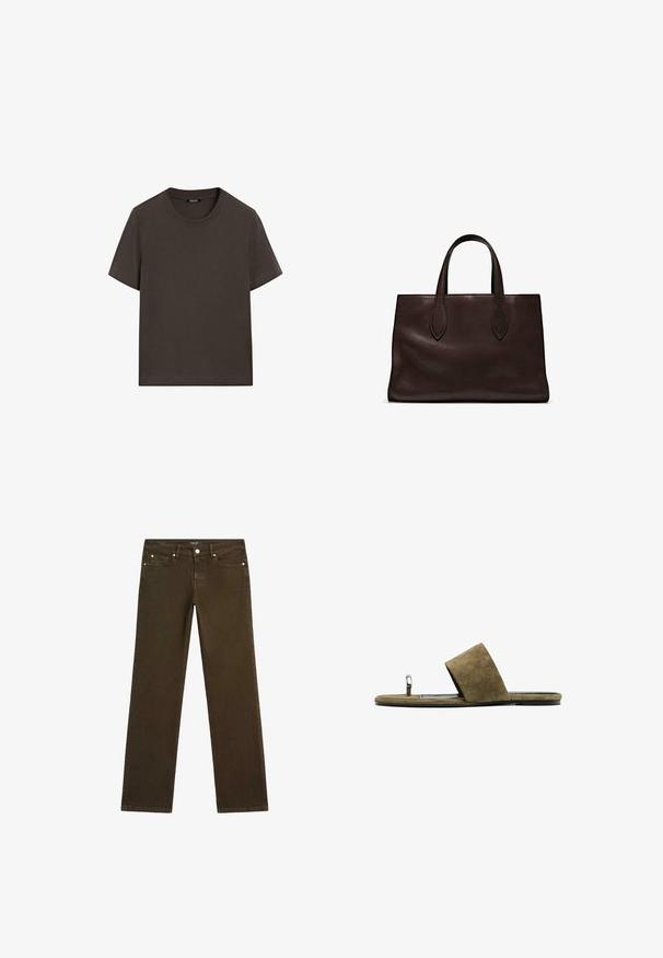 Dark brown short-sleeve t-shirt made of cotton. Features a round neckline and a relaxed fit, with no visible patterns or accents.; Brown denim pants with a straight leg design, featuring five-pocket styling and a metal button closure at the waist.; Brown suede slide sandal featuring a wide strap and minimal toe loop with metallic accent. Flat sole with subtle texture and contrast edges.; Brown leather tote bag with two elongated handles, structured rectangular shape, smooth texture, and subtle stitching details.
