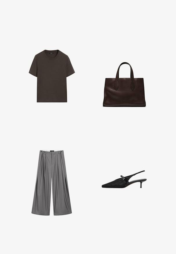 Dunkelbraunes T-Shirt mit kurzen Ärmeln aus Baumwolle. Verfügt über einen runden Halsausschnitt und eine lockere Passform, ohne sichtbare Muster oder Akzente.; Massimo Dutti FLOWING WITH DARTS - Stoffhose - grey; Schwarze Slingback-Absätze mit spitzen Zehen, strukturiertem Mesh-Obermaterial, schmalem verstellbarem Riemen mit silberner Schnalle und 5 cm Stiletto-Absätzen.; Braune Ledertasche mit zwei langen Griffen, strukturierte rechteckige Form, glatte Textur und dezente Nähdetails.