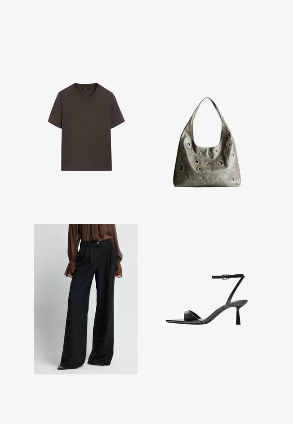 Donkerbruin T-shirt met korte mouwen, gemaakt van katoen. Heeft een ronde halslijn en een ontspannen pasvorm, zonder zichtbare patronen of accenten.; Zwarte wijde broek met verticale streepjes. Heeft een elegante uitstraling, hoge taille en een glanzende knoopaccent. Gemaakt van een gestructureerde stof.; Bershka Sandalen met hoge hak - black; Olijfgroene leren handtas met een slungelig ontwerp, voorzien van rondvormige uitsparingen van verschillende groottes en accenten in donkerdere en lichtere tinten.