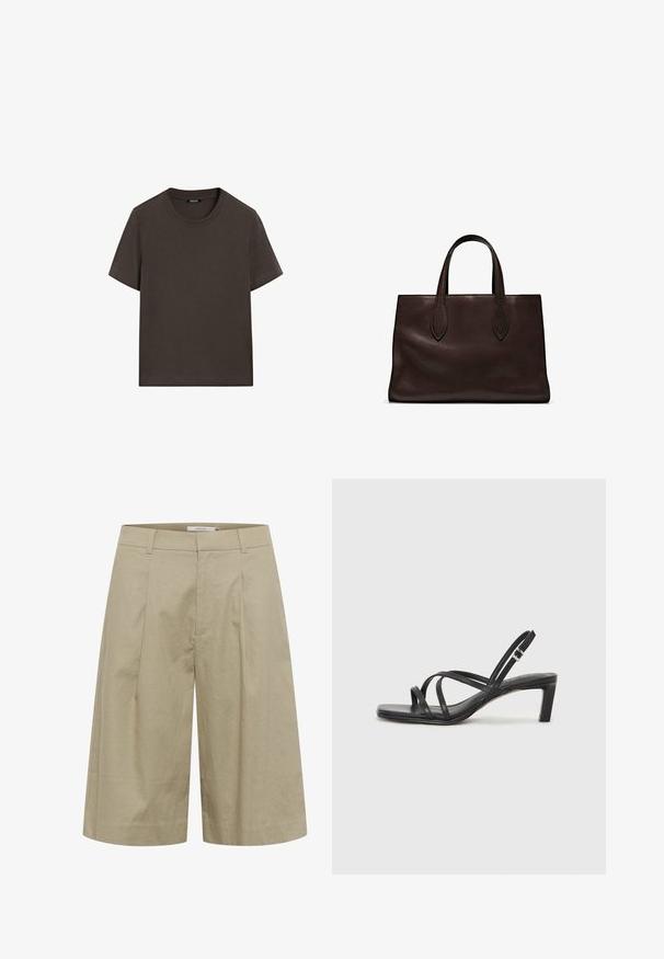 Dunkelbraunes T-Shirt mit kurzen Ärmeln aus Baumwolle. Verfügt über einen runden Halsausschnitt und eine lockere Passform, ohne sichtbare Muster oder Akzente.; Beige Leinen-Culottes mit weitem Bein, ausgestattet mit vorderen Falten und einer glatten Textur. Der Bund liegt flach an und hat keine sichtbaren Verschlüsse.; Schwarze Sandale mit Riemchen, quadratischer Zehenform und niedrigem Blockabsatz. Verfügt über mehrere dünne Riemen und einen verstellbaren Knöchelriemen. Hergestellt aus glattem Leder.; Braune Ledertasche mit zwei langen Griffen, strukturierte rechteckige Form, glatte Textur und dezente Nähdetails.