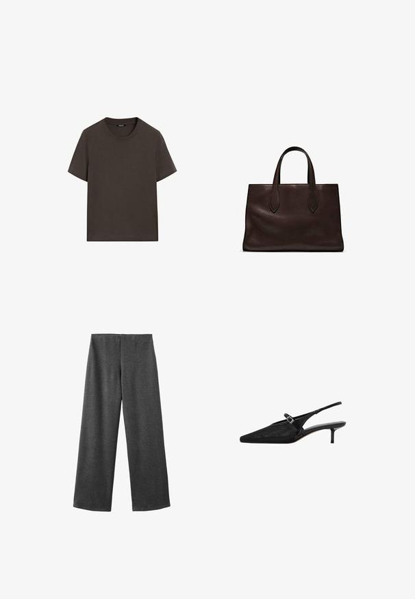 Donkerbruin T-shirt met korte mouwen, gemaakt van katoen. Heeft een ronde halslijn en een ontspannen pasvorm, zonder zichtbare patronen of accenten.; Wide-leg broek van donkergrijze stof met een gladde textuur. Heeft een middelhoge taille en geen zichtbare sluitingen of versieringen.; Zwarte slingback hakken met puntige neuzen, een gestructureerde mesh bovenkant, slanke verstelbare band met zilveren gesp en 5 cm stiletto hakken.; Bruine leren tote bag met twee verlengde handvatten, gestructureerde rechthoekige vorm, gladde textuur en subtiele stiksels.