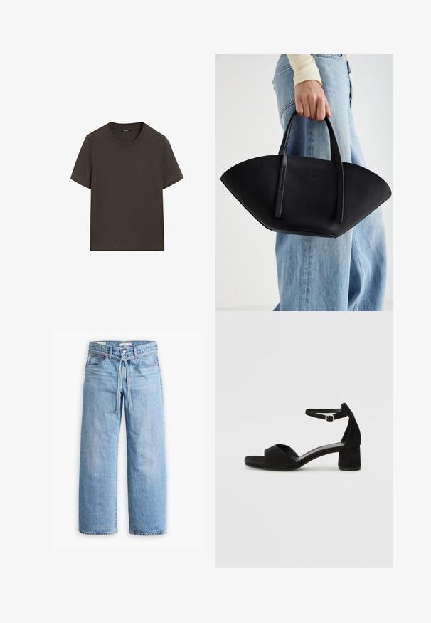 Czarnobrązowa, krótki rękaw, bawełniana koszulka. Posiada okrągły dekolt i luźny krój, bez widocznych wzorów lub akcentów.; Jasnoniebieskie dżinsy w szerokim kroju z wysokim stanem, z zapięciem na guziki i zamek oraz sznurkiem w talii. Zakończenie w surowym wykończeniu.; Czarne zamszowe sandały na obcasie z cienkim paskiem wokół kostki, otwartym noskiem i skromnym słupkowym obcasem. Gładka faktura i minimalne akcenty.; Czarna skórzana torebka w unikalnym kształcie wachlarza, z płaskimi uchwytami. Powierzchnia ma fakturę kamyków i minimalistyczny design.
