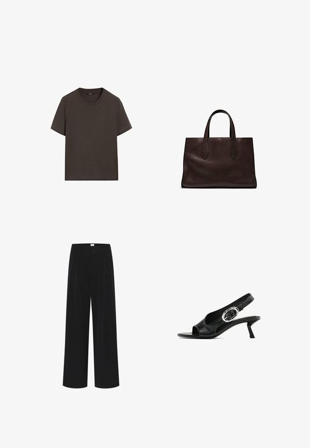 T-shirt à manches courtes marron foncé en coton. Il possède un col rond et une coupe décontractée, sans motifs ni accents visibles.; Pantalons larges noirs avec une taille haute, des plis et une texture lisse. Design minimaliste sans motifs ni quincaillerie visibles.; Chaussure slingback en cuir noir avec un bout ouvert, dotée d'une boucle ovale en argent sur la sangle et d'un talon aiguille fin. Texture lisse.; Sac tote en cuir marron avec deux poignées allongées, forme rectangulaire structurée, texture lisse et détails de couture subtils.