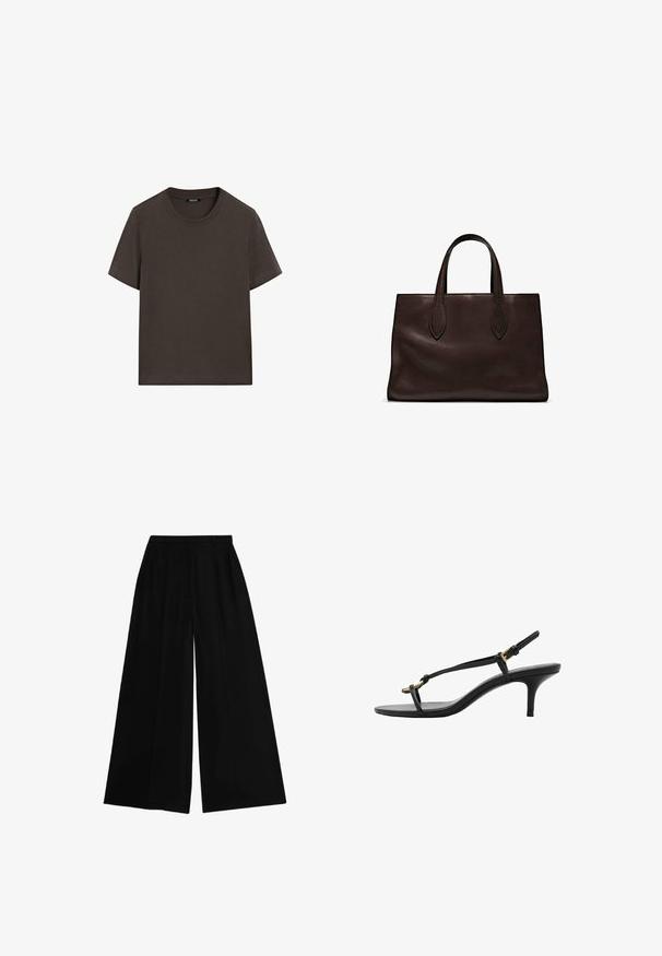 Dunkelbraunes T-Shirt mit kurzen Ärmeln aus Baumwolle. Verfügt über einen runden Halsausschnitt und eine lockere Passform, ohne sichtbare Muster oder Akzente.; Schwarze weite Hosen mit hohem Bund, aus einem glatten Stoff gefertigt, mit eingepressten Falten für Struktur und einem maßgeschneiderten Schnitt.; Schwarze Leder-Kitten-Heel-Sandale mit dünnen Riemen, goldener Schnalle und minimalistischer Zehen-Schlaufe vor einem weißen Hintergrund.; Braune Ledertasche mit zwei langen Griffen, strukturierte rechteckige Form, glatte Textur und dezente Nähdetails.