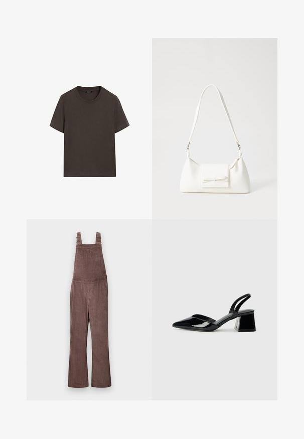 Dunkelbraunes T-Shirt mit kurzen Ärmeln aus Baumwolle. Verfügt über einen runden Halsausschnitt und eine lockere Passform, ohne sichtbare Muster oder Akzente.; Braune Corduroy-Overalls mit verstellbaren Trägern, weitem Bein und vertikaler Rippstruktur. Verfügt über Seitentaschen und eine lockere Passform.; Schwarze Lackleder-Slingback-High Heels mit spitzem Schuh und einem geometrischen Blockabsatz. Verfügt über ein schlankes, minimalistisches Design und eine glatte Textur.; Weiße synthetische Handtasche in dreieckiger Form, flache Vorderklappe und Schleifendetail, verstellbarer Trageriemen, glatte Textur und minimalistisches Design.