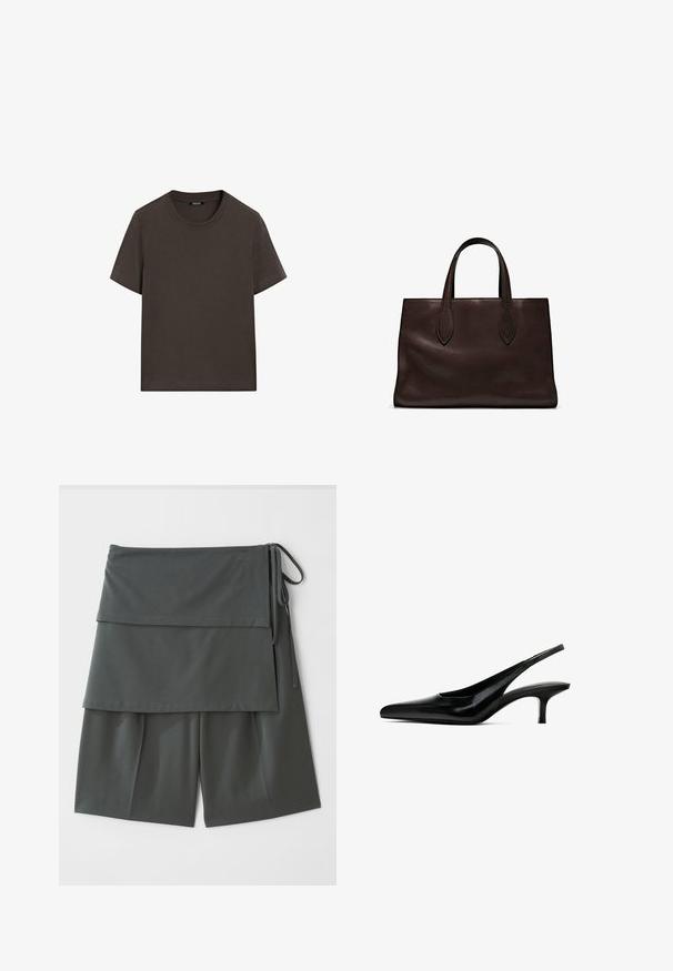 Czarnobrązowa, krótki rękaw, bawełniana koszulka. Posiada okrągły dekolt i luźny krój, bez widocznych wzorów lub akcentów.; Ciemnoszare uniwersalne szorty o warstwowej konstrukcji, z górnym panelem i troczkami po bokach. Wykonane z gładkiego, lekkiego materiału.; Czarne buty slingback z czubkiem w kształcie spiczastym, wykonane z błyszczącej skóry, z cienkim, niskim obcasem. Posiadają wycięcie po bokach dla lepszej wentylacji.; Brązowa skórzana torba tote z dwoma wydłużonymi uchwytami, usztywnionym prostokątnym kształtem, gładką teksturą i subtelnymi detalami przeszycia.