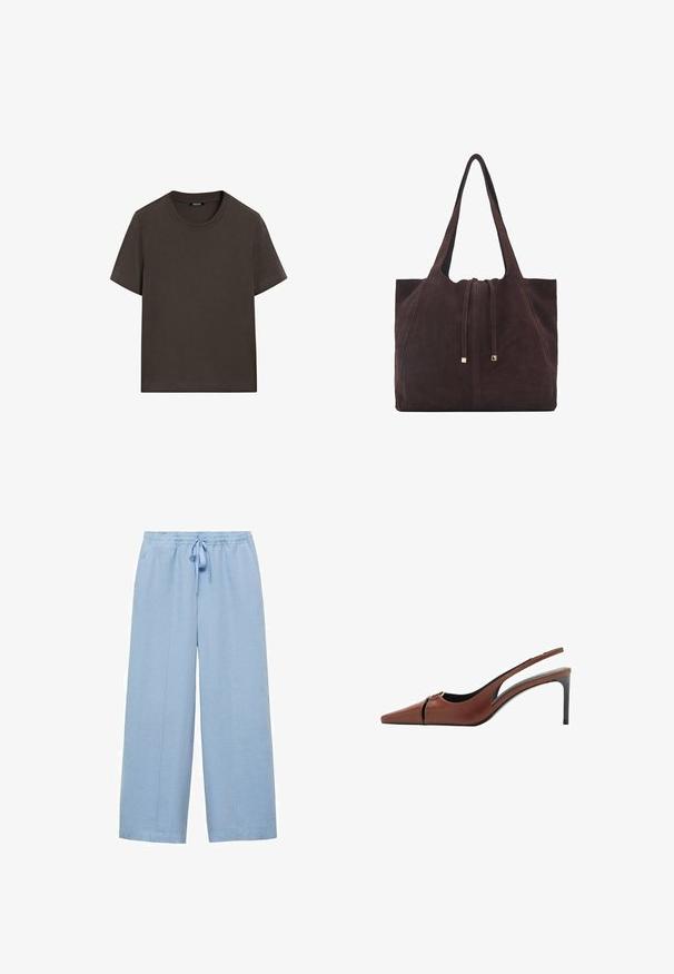 Mørkebrun kortærmet t-shirt lavet af bomuld. Har en rund halsudskæring og en afslappet pasform, uden synlige mønstre eller detaljer.; Mango Bukser - light blue; Brun læder slingback hæl med spids tå, udskæring ved vampen og en elegant stiletto hæl. Glat tekstur.; Mango Shopping bags - dark brown