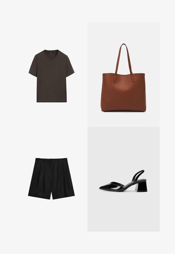 Mørkebrun kortærmet t-shirt lavet af bomuld. Har en rund halsudskæring og en afslappet pasform, uden synlige mønstre eller detaljer.; Sorte skræddersyede shorts lavet af et glat, let stof. Har folder, to sidelommer og et enkelt design på taljen.; Sorte patentlæder slingback hæle med spids tå og en geometrisk blok hæl. Har et elegant, minimalistisk design og en glat tekstur.; Brun læder tote taske med en glat overflade, åben topdesign og to skulderremme. Har minimal syning og ingen synlig hardware.