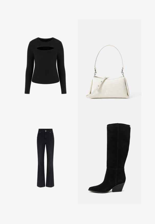 Must saadustatud must pikkade varrukatega topp, millel on ribakujuline tekstuur ja ainulaadne lõikeauk rinnas, ümar kaelus ja voolav siluett.; Mustad denimist vööb koos kõrge vöörettevõtte, viie tasku disaini ja metallist nupuga aksessuaaridega külgedel. Sile tekstuur ja klassikaline lõige.; Guess CALLY - Kauboi-/mootorrattasaapad - black; Valge käekott, millel on sile tekstuur, kaarjas siluett ja reguleeritav õlavöö. Omab diskreetset logo mustrit ja hõbedaseid detailide aktsente.