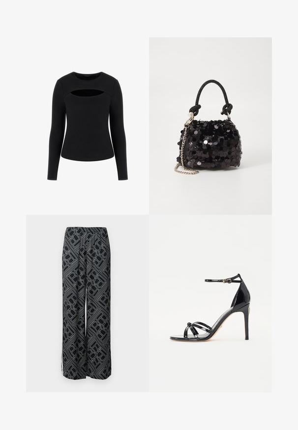 Crni dugi rukav majica s rebrastom teksturom i jedinstvenim izrezom na prsima, s okruglim izrezom i prilagođenim siluetom.; Hlače širokih nogavica od crnog materijala s bijelim geometrijskim uzorkom. Elastičan pojas, lepršavi dizajn i bočni prorezi.; Crne lakirane sandale na visokoj peti s više trakica, trakicom oko gležnja, šiljastim prstom i detaljima u zlatnoj boji.; Crna mini torbica sa šljokicama, s čvorastim teksturiranim remenom i srebrnim lancem. Zaobljenog oblika s naboranim vrhom i reflektivnim detaljima.