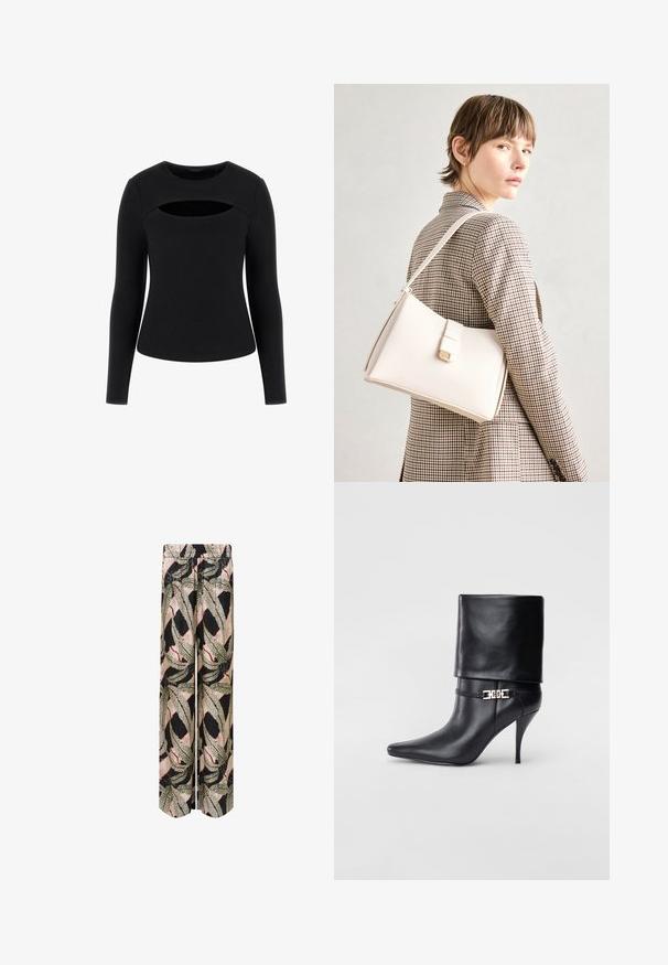 Zwarte top met lange mouwen, voorzien van een geribbelde textuur en een unieke uitsnijding op de borst. Hij heeft een ronde halslijn en een aangesloten silhouet.; Palazzo-broek met een zwarte basis en een gedurfde bladerenpatroon in groen, beige en rood, met een elastische tailleband voor extra comfort.; Zwarte leren enkelboot met een spitse neus, hoge stilettohak, opgevouwen manchet en een gouden decoratieve gespdetails op de enkel.; Witte leren handtas met een gestructureerd ontwerp, voorzien van een magneetsluiting en een schouderriem, tentoongesteld tegen een neutrale achtergrond.