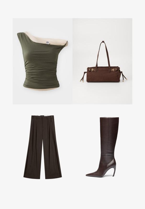 BDG Urban Outfitters FREYA TWIST - Top - khaki; Hnědé kalhoty širokého střihu vyrobené z lehkého materiálu, se záhyby vpředu, dvěma bočními kapsami a jedním knoflíkem na zapínání.; Hnědá kožená vysoká bota s špičatou špičkou a stiletto podpatkem, s hladkým povrchem a minimalistickým designem.; Hnědá semišová taška přes rameno se dvěma ramenními popruhy, zlatými kovovými detaily a nastavitelnými bočními stahovacími šňůrkami. Obsahuje zipové uzavření a hladký povrch.; Černý pryskyřicový náramek s hladkým, lesklým povrchem a zaoblenými okraji. Na vnitřní straně se nachází malé zlaté logo "Pilgrim".