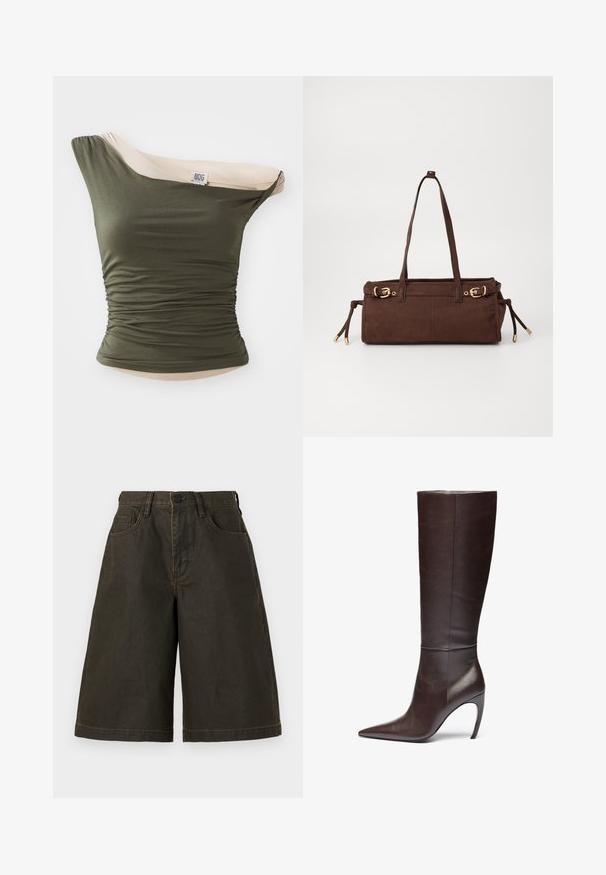 BDG Urban Outfitters FREYA TWIST - Top - khaki; AllSaints RIKU - Shorts vaqueros - golden black; Bota de cuero marrón hasta la rodilla con punta afilada y tacón de aguja, con una textura suave y un diseño minimalista.; Bolsa tote de ante marrón con dos asas para el hombro, acentos de hardware dorado y lazos laterales ajustables. Cuenta con un cierre de cremallera y textura suave.